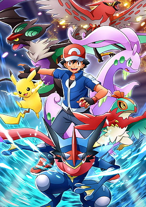Ash Greninja and Pikachu with Legendary Pokemon in Dynamic Action Art HD phone wallpaper