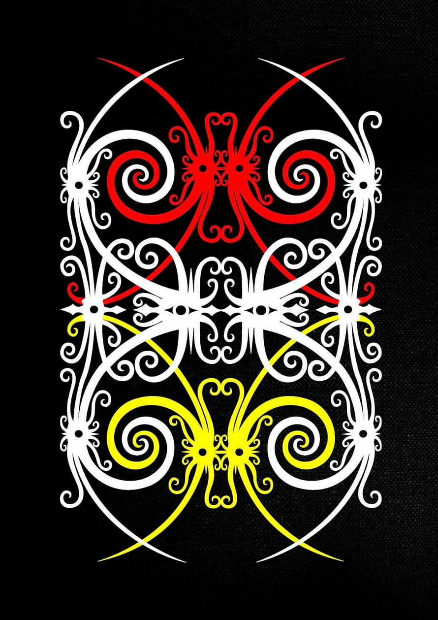 Dayak Tribal Ornamental Pattern with Red and Yellow Spirals on Black Background HD phone wallpaper