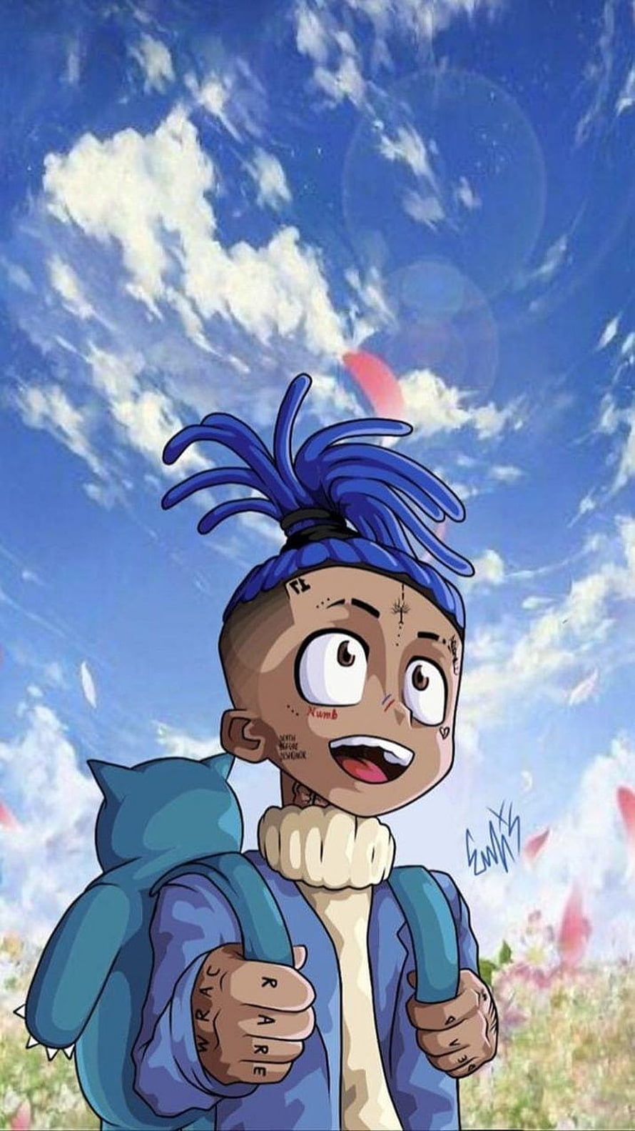 Cartoon Illustration of XXXTentacion with Blue Dreads and Backpack Under a Cloudy Sky HD phone wallpaper