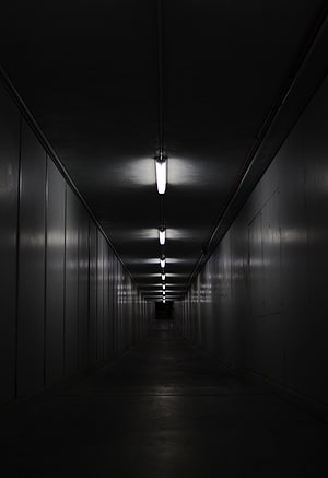 Moody Black And White Corridor With Fluorescent Ceiling Lights HD phone wallpaper
