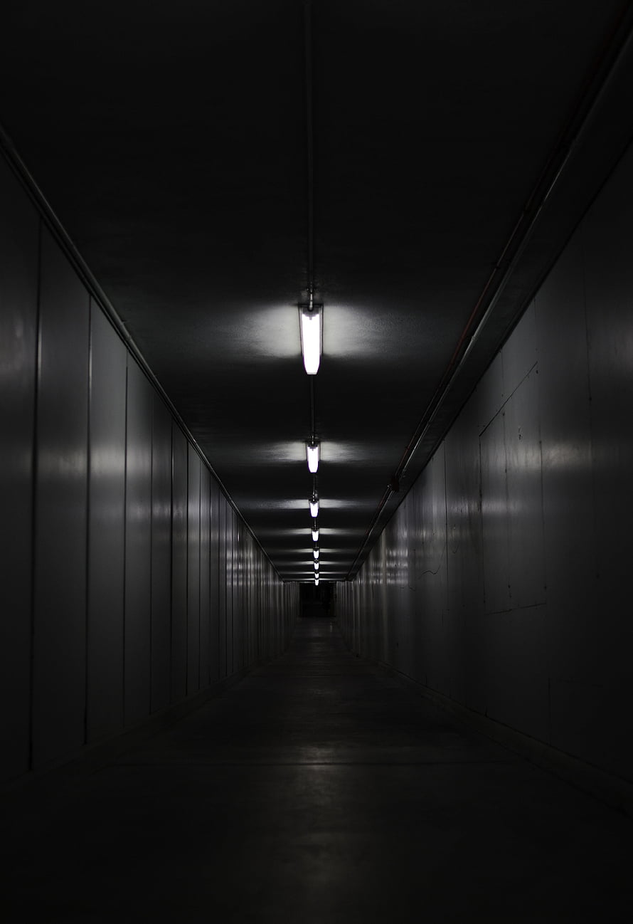 Moody Black And White Corridor With Fluorescent Ceiling Lights HD phone wallpaper