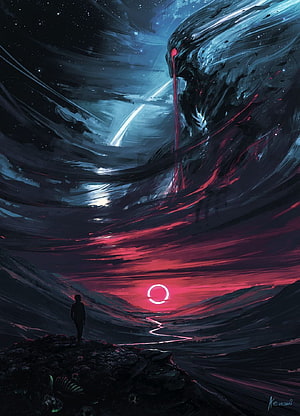 Dark Fantasy Digital Art of a Lone Figure Gazing at a Glowing Ring in a Cosmic Landscape HD phone wallpaper