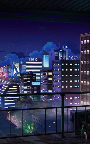 Anime Night Cityscape View From Balcony With Neon Lights And Starry Sky HD phone wallpaper