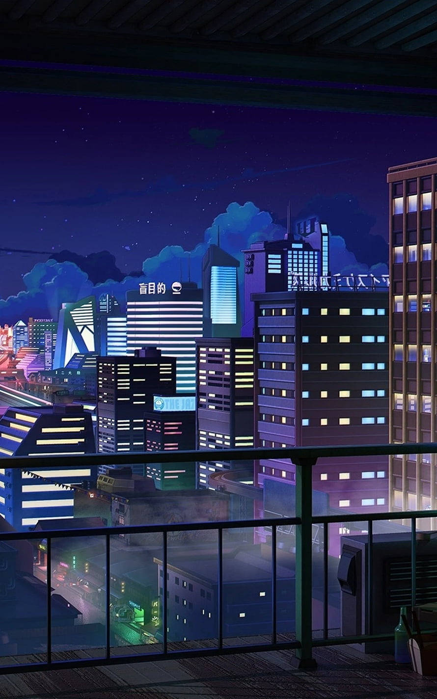Anime Night Cityscape View From Balcony With Neon Lights And Starry Sky HD phone wallpaper