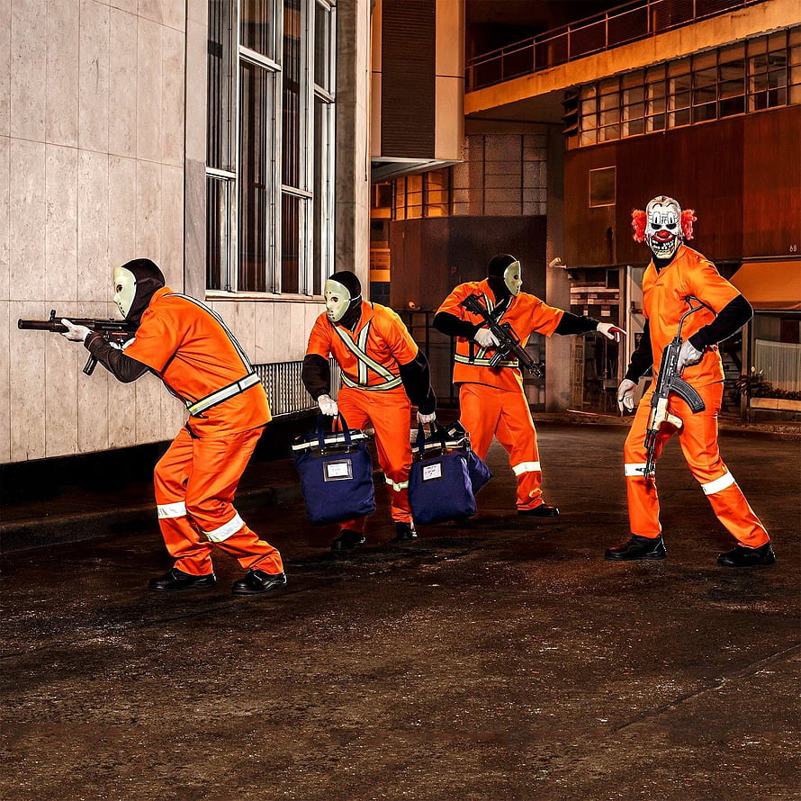 Racionais MC's album cover art featuring masked figures in orange jumpsuits with rifles and briefcases HD phone wallpaper