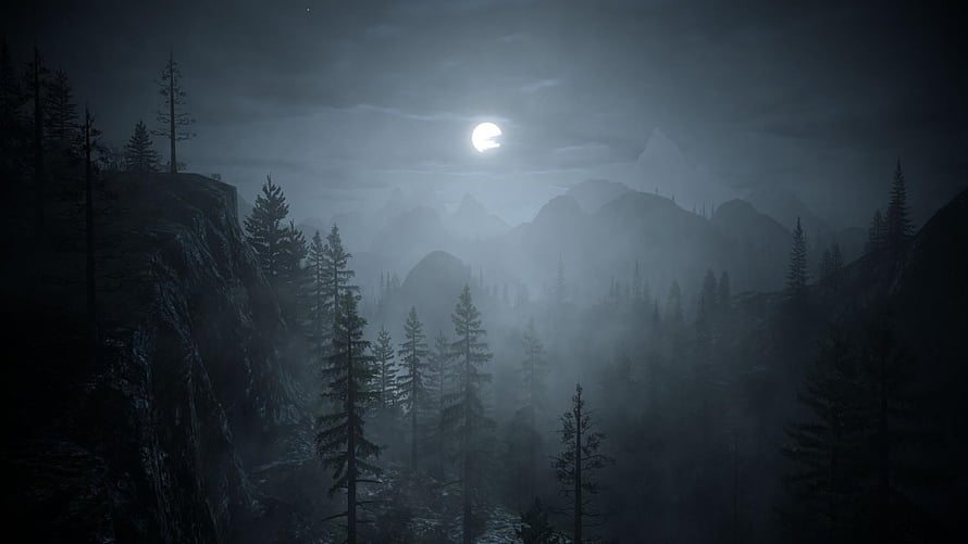 Eerie Moonlit Forest Landscape with Misty Mountains and Tall Pines HD wallpaper