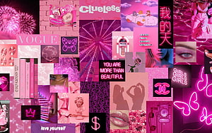 Vibrant Pink Aesthetic Collage with Neon Signs, Fashion Icons, and Pop Culture References HD wallpaper