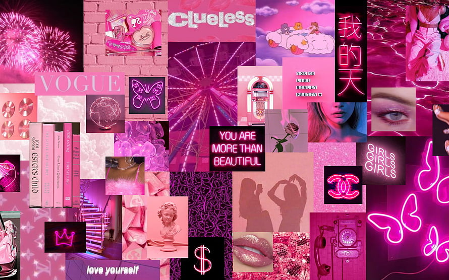 Vibrant Pink Aesthetic Collage with Neon Signs, Fashion Icons, and Pop Culture References HD wallpaper
