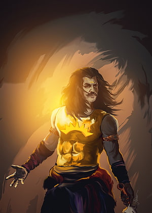 Karna from the Mahabharata in Golden Armor with Dramatic Backlight HD phone wallpaper