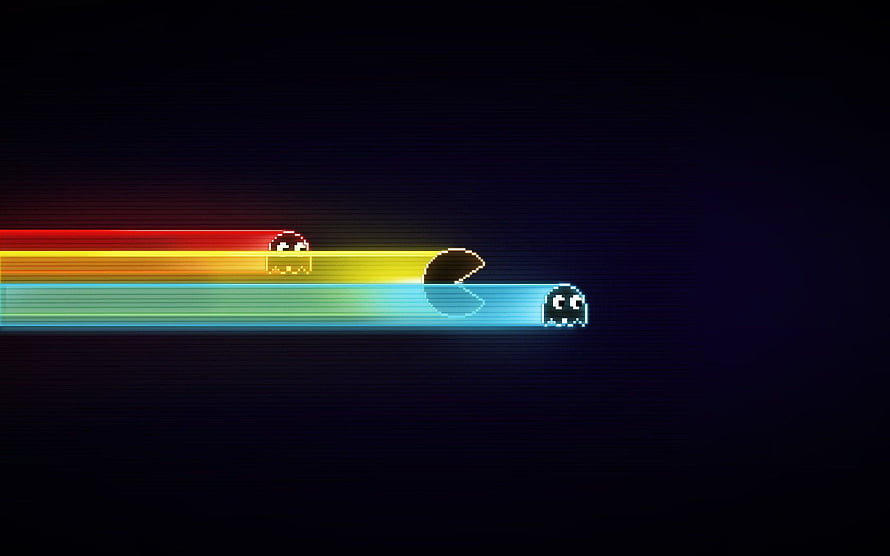 Pac-Man and Ghosts Pixel Art with Neon Rainbow Trails on Dark Background HD wallpaper