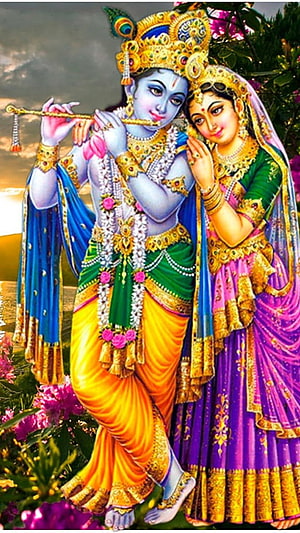 Radha Krishna Playing Flute in a Vibrant Garden Setting HD phone wallpaper