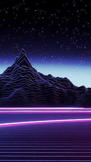 Retro Synthwave Mountain Landscape with Neon Grid and Starry Night Sky HD phone wallpaper