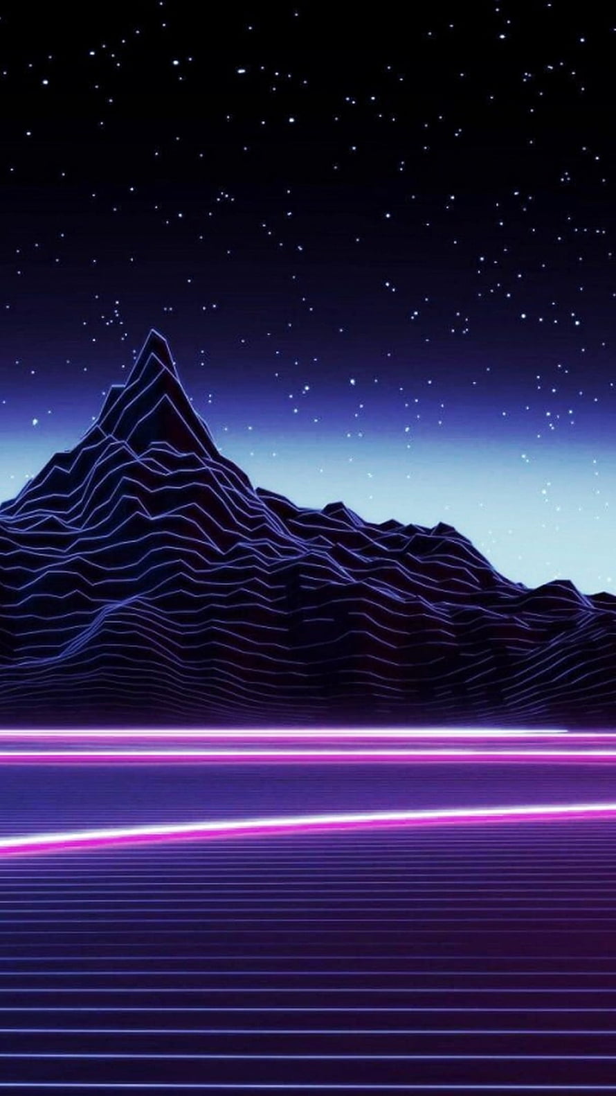 Retro Synthwave Mountain Landscape with Neon Grid and Starry Night Sky HD phone wallpaper