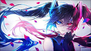 Hatsune Miku anime illustration with dual-colored eyes and flowing hair HD wallpaper