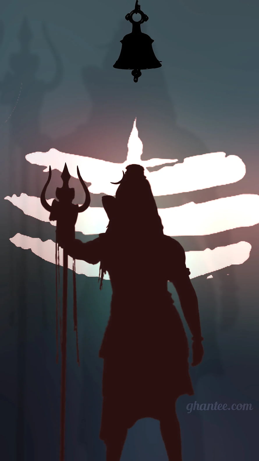 Mahadev Silhouette Holding Trishul Staff with Temple Bell and Dramatic Backlight HD phone wallpaper