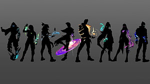 Valorant Agent Silhouettes with Glowing Elemental Effects on Dark Background HD wallpaper