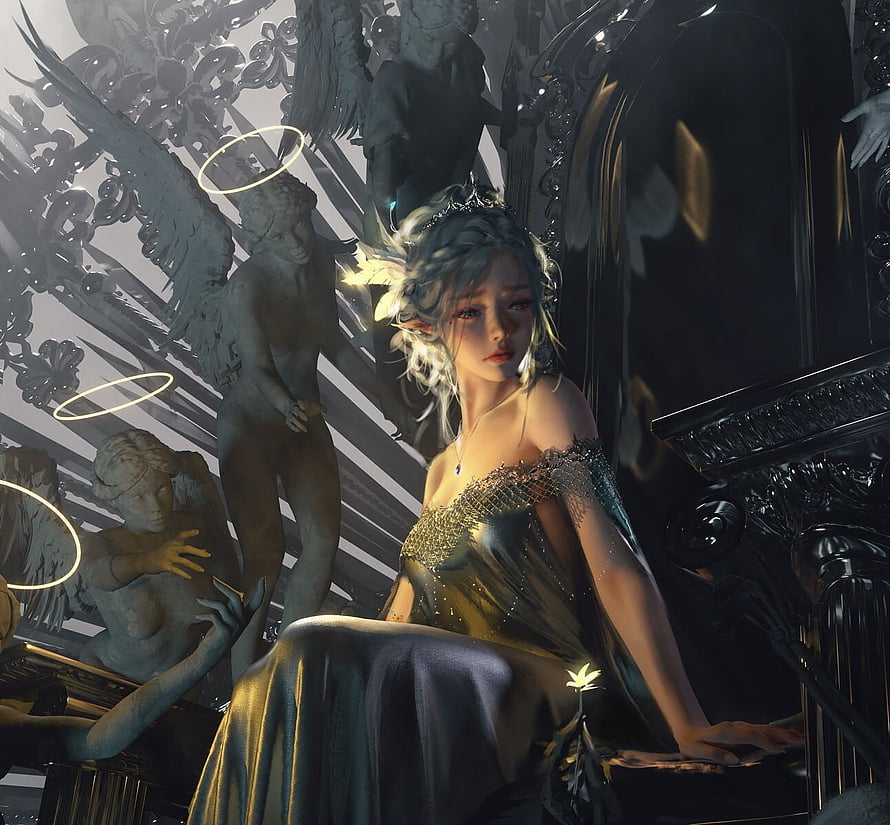 WLOP Fantasy Artwork: Ethereal Angelic Woman Seated on a Dark Ornate Throne HD wallpaper