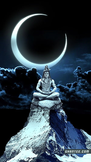 Lord Shiva Meditating on a Snowy Peak Under a Crescent Moon HD phone wallpaper