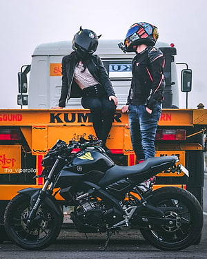 Black Yamaha MT-15 Motorcycle with Two Riders in Full Gear on a Flatbed Truck HD phone wallpaper