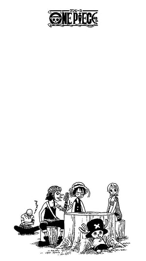 One Piece Manga Panel: Luffy, Zoro, Nami, Usopp, and Chopper Gathered Around a Tree Stump HD phone wallpaper