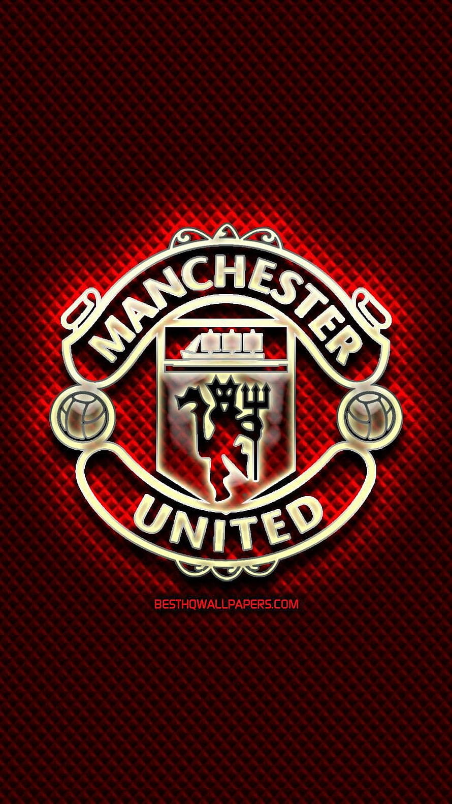 Manchester United Club Crest on Dark Red Diamond Pattern Background HD phone wallpaper