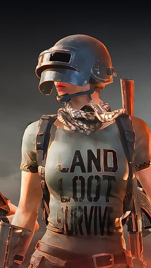 PUBG Female Soldier in Blue Helmet with Tactical Gear and Land Loot Survive Shirt HD phone wallpaper