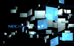 NEC Corporate Technology Abstract with Floating Blue and Silver Panels on Black Background HD wallpaper