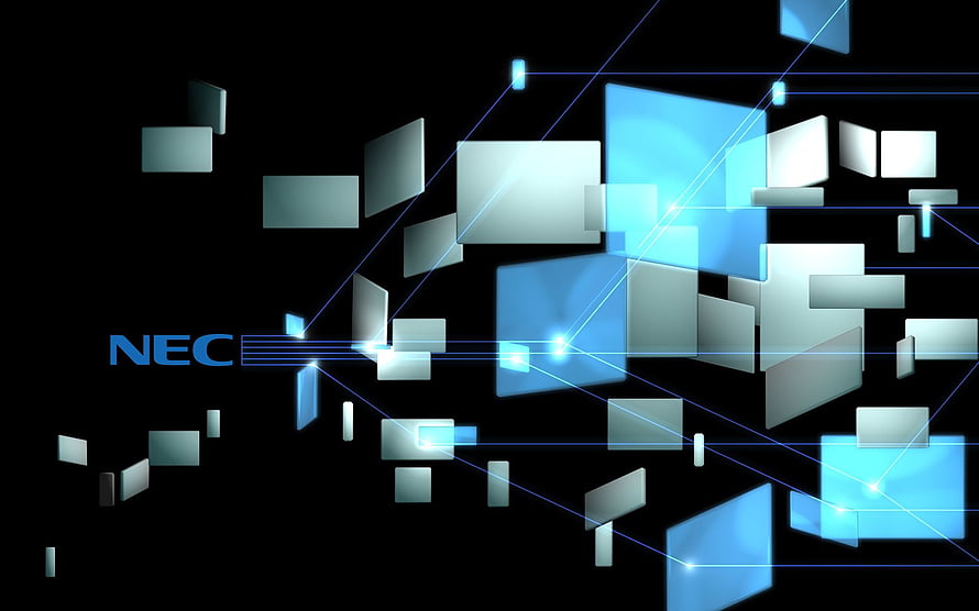 NEC Corporate Technology Abstract with Floating Blue and Silver Panels on Black Background HD wallpaper