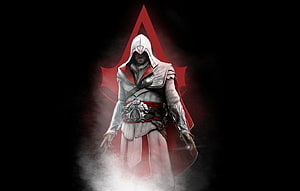 Ezio Auditore in white hooded robes standing before the red Assassin's Creed insignia HD wallpaper