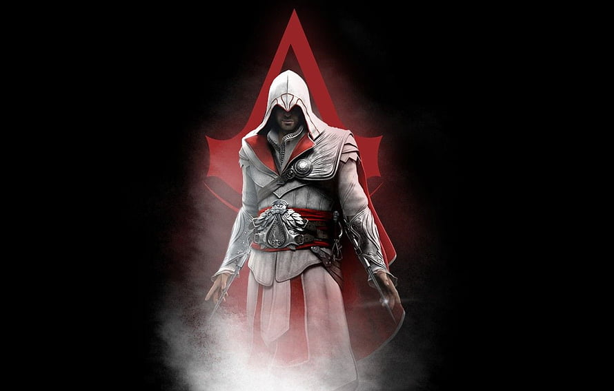 Ezio Auditore in white hooded robes standing before the red Assassin's Creed insignia HD wallpaper