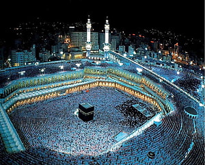 Aerial Night View of Kaaba and Tawaf in Makkah During Hajj Pilgrimage HD wallpaper