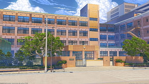 Anime School Building Exterior with Lush Green Trees and Blue Sky HD wallpaper