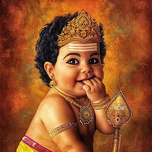 Baby Murugan Portrait With Golden Crown And Vel Spear On Warm Textured Background HD phone wallpaper