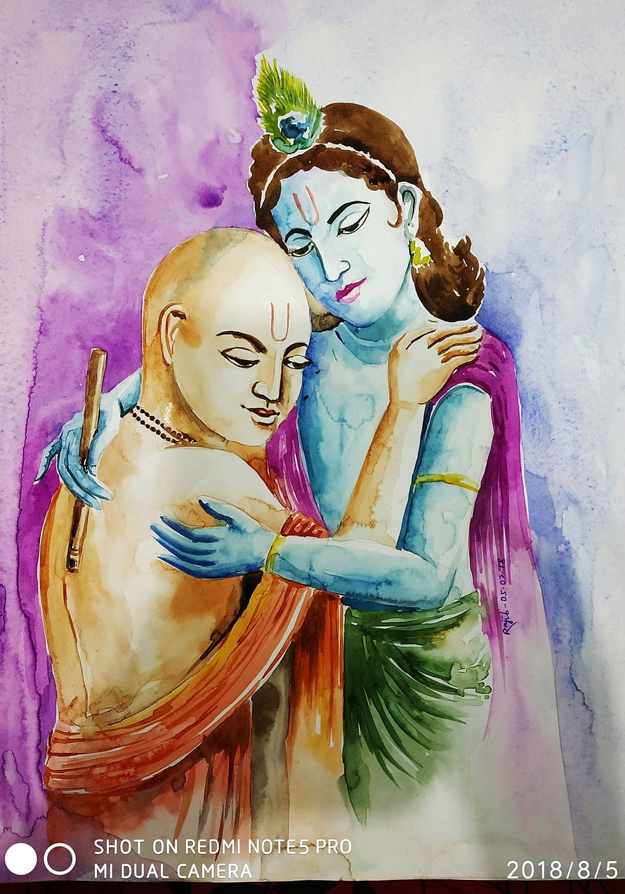 Watercolor Painting of Krishna and Sudama in a Tender Embrace HD phone wallpaper