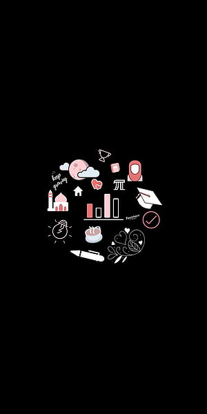 Minimalist Islamic Doodle Art with Hijabi Figure and Motivational Icons on Black Background HD phone wallpaper