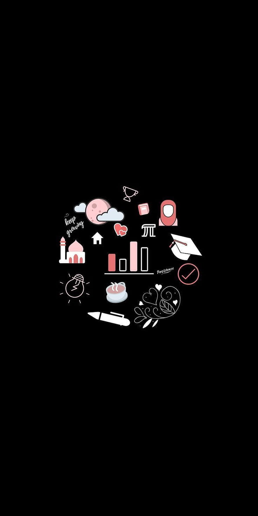 Minimalist Islamic Doodle Art with Hijabi Figure and Motivational Icons on Black Background HD phone wallpaper