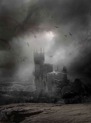 Gothic Castle on a Cliff in Dark Fog with Bats and a Dragon Silhouette HD phone wallpaper
