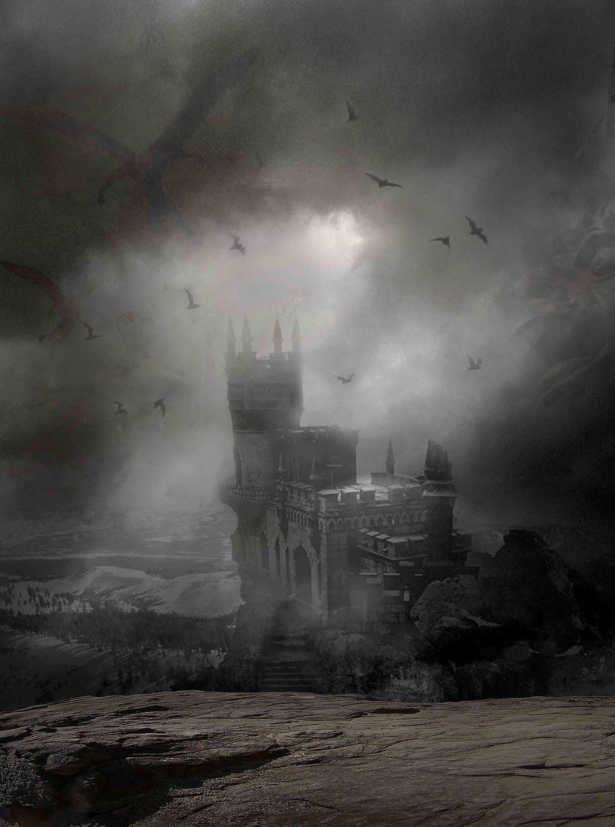 Gothic Castle on a Cliff in Dark Fog with Bats and a Dragon Silhouette HD phone wallpaper