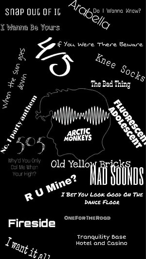 Arctic Monkeys Song Titles Collage with Silhouette and Sound Wave Graphic HD phone wallpaper
