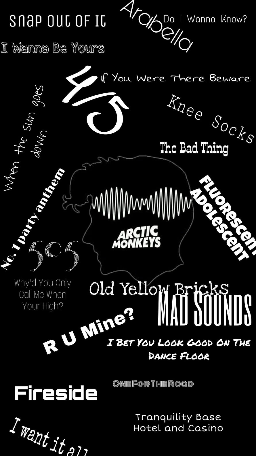 Arctic Monkeys Song Titles Collage with Silhouette and Sound Wave Graphic HD phone wallpaper