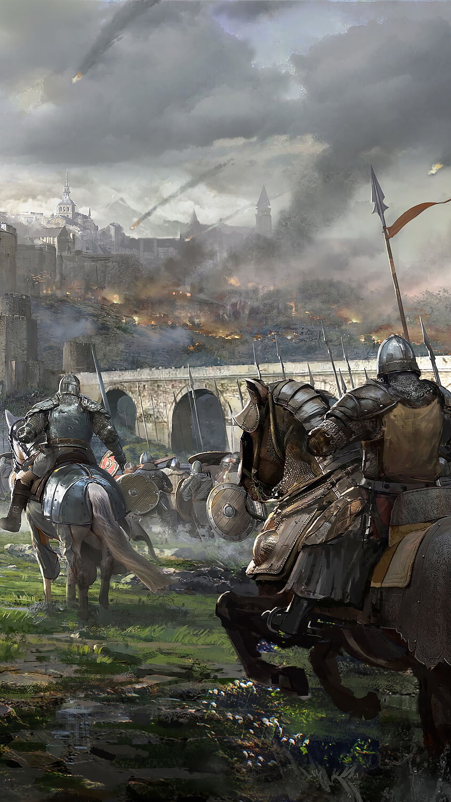 Medieval Knights on Horseback Approaching a Castle Under Siege with Smoke and Fire HD phone wallpaper