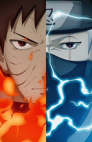 Naruto Shippuden Obito and Kakashi Split Portrait with Fire and Lightning Effects HD phone wallpaper