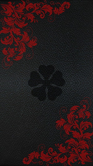 Black Clover Five-Leaf Clover Emblem on Dark Textured Background with Red Floral Accents HD phone wallpaper