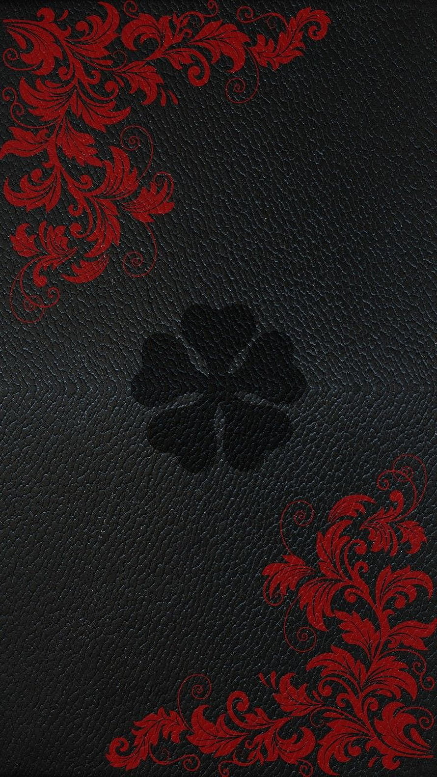 Black Clover Five-Leaf Clover Emblem on Dark Textured Background with Red Floral Accents HD phone wallpaper