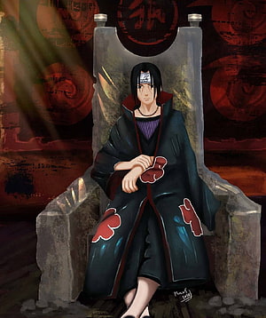 Itachi Uchiha Seated on Stone Throne in Akatsuki Cloak HD phone wallpaper