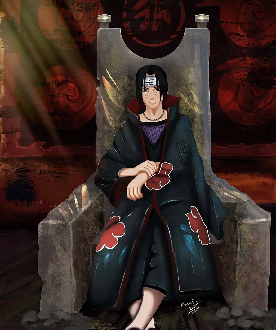 Itachi Uchiha Seated on Stone Throne in Akatsuki Cloak HD phone wallpaper