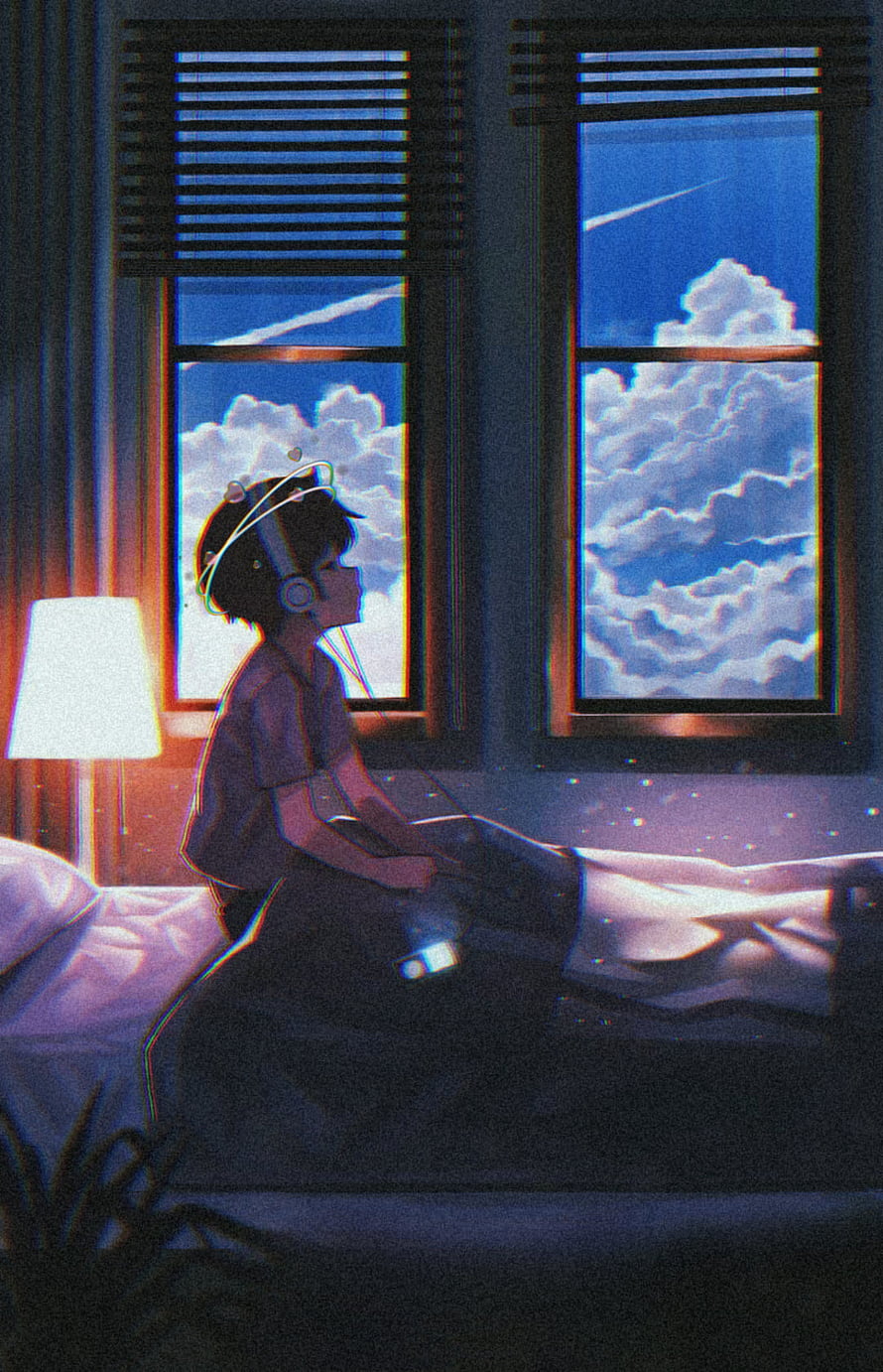 Anime boy with headphones sitting on a bed gazing at a cloudy sky through a window HD phone wallpaper
