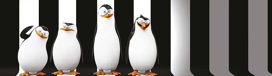 Penguins of Madagascar 3D Character Lineup on Black and White Striped Background HD wallpaper