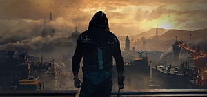 Aidan Caldwell overlooking a burning cityscape in Dying Light 2 HD wallpaper