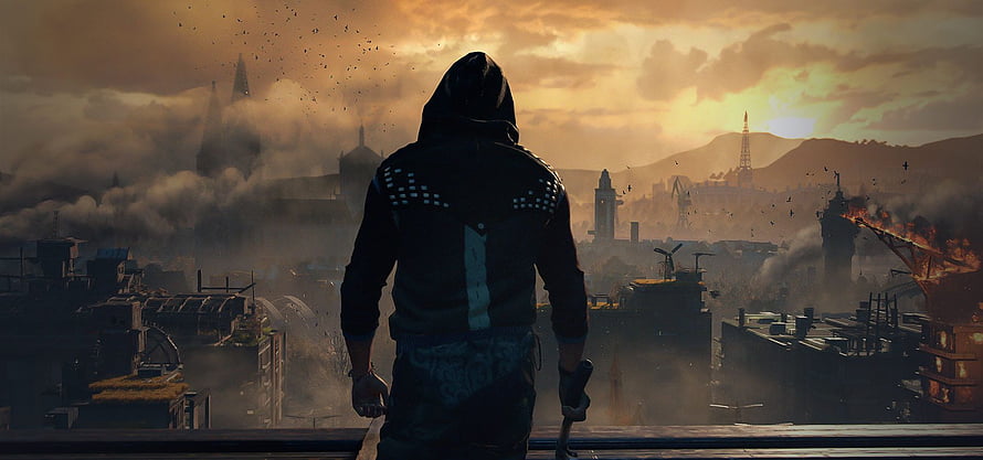 Aidan Caldwell overlooking a burning cityscape in Dying Light 2 HD wallpaper